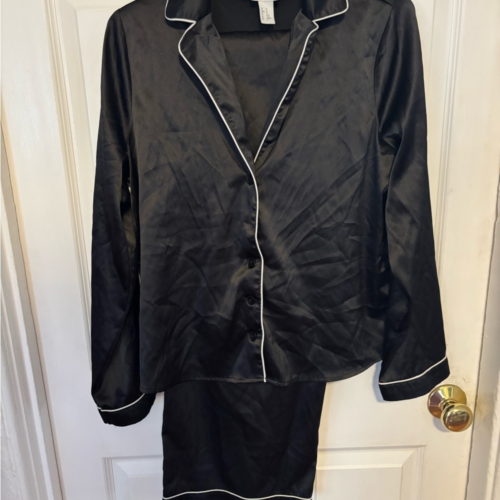 Forever 21 Black Satin Pajama Set with White Trim